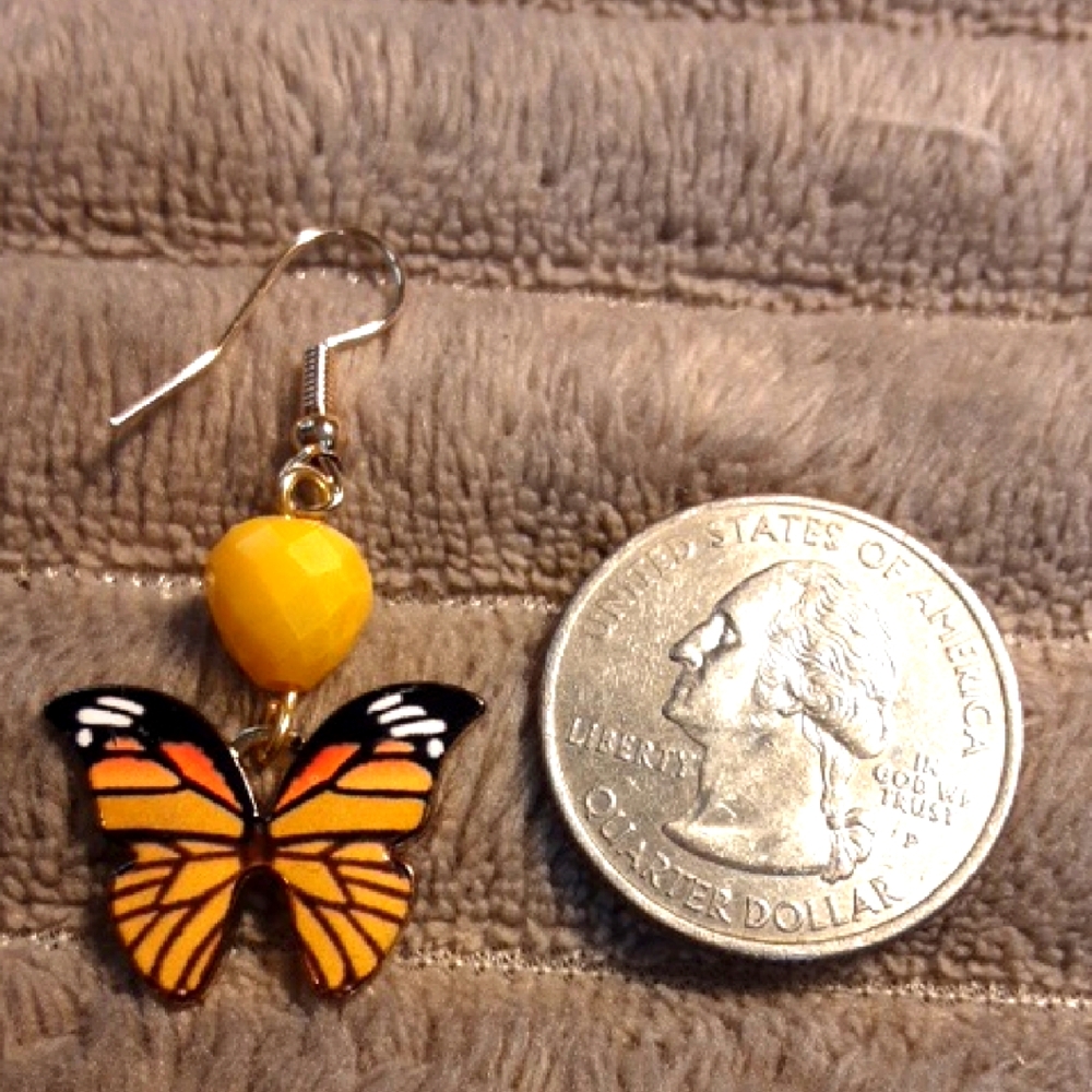 Handmade Butterfly Earrings Yellow Black 1.5" Long - Picture 3 of 4
